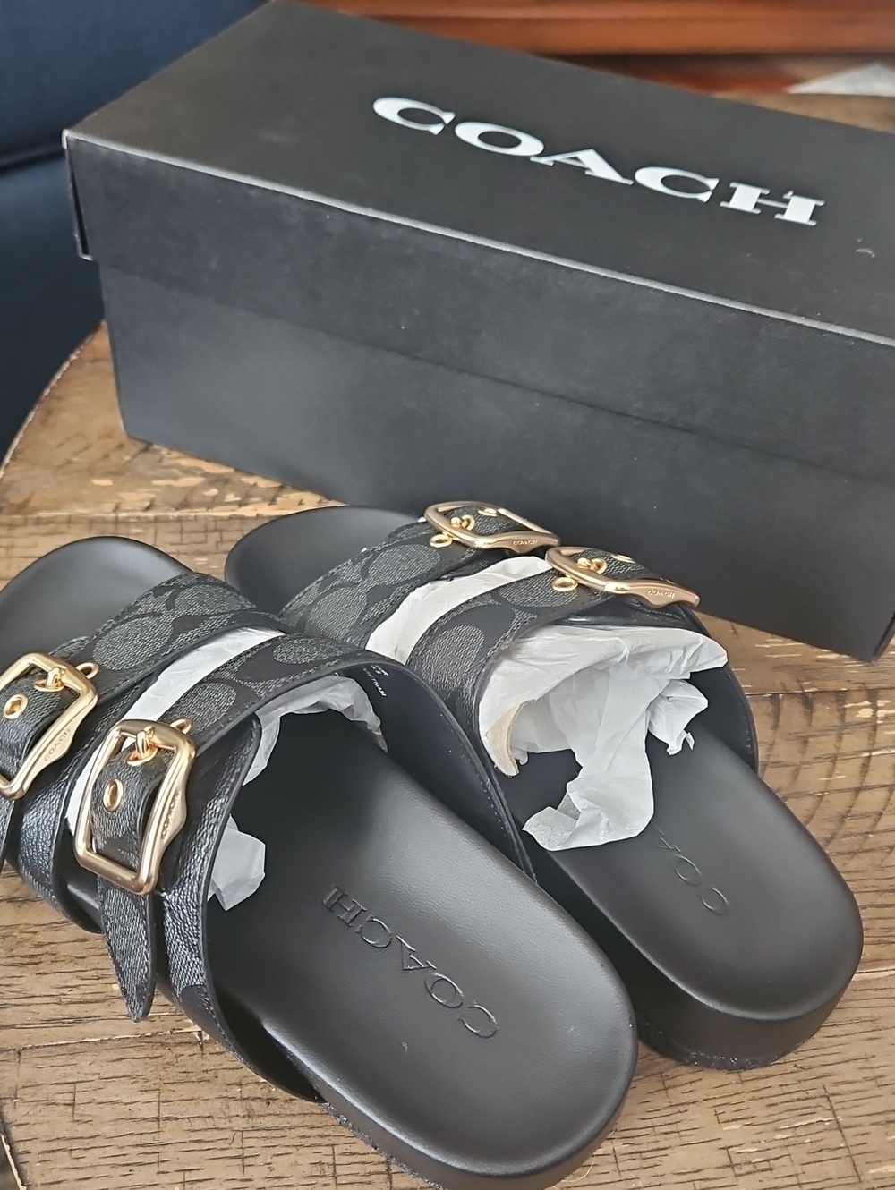Coach Black Signature Canvas Double Buckle Slide Sandals with Gold Hardware